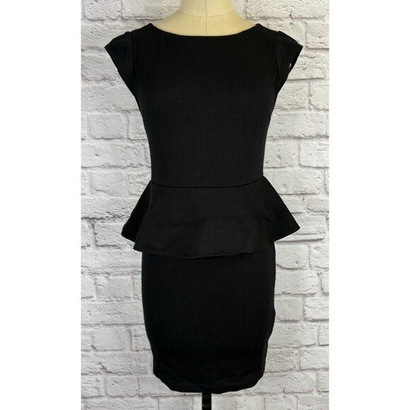 Alice + Olivia Black Dress SMALL Harmony Bateau Neck Knit Mini Dress Peplum - Picture 7 of 14